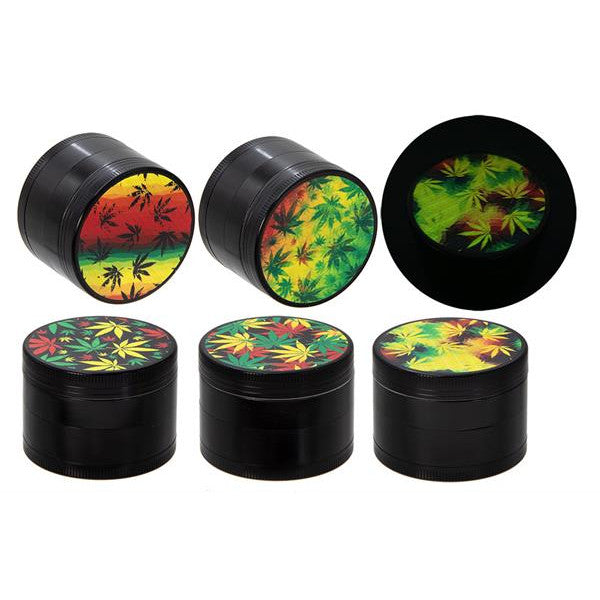 GRINDER IN ALLUMINIO 4 PARTI - 50mm - GLOW IN THE DARK - LEAF